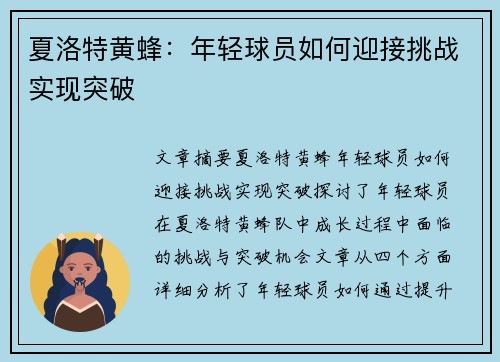 夏洛特黄蜂：年轻球员如何迎接挑战实现突破