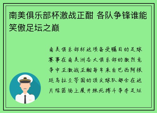 南美俱乐部杯激战正酣 各队争锋谁能笑傲足坛之巅